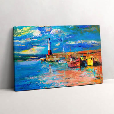 Wallfluent Foto Op Canvas Vuurtoren en boten - 60 x 40 cm - Blauw Canvas Schilderij - Landschappen Foto Op Doek - Imitatie van een olieverfschilderij Print Van Doek - Landschappen Schilderij Op Canvas