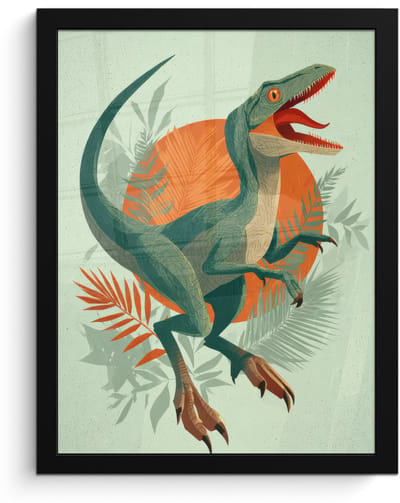 Poster in lijst - Fotolijst 30x40 cm - Posters - Dino - Bladeren - Grafisch - Groen - Posterlijst zwart - Decoratie - Wanddecoratie woonkamer - Muurdecoratie slaapkamer