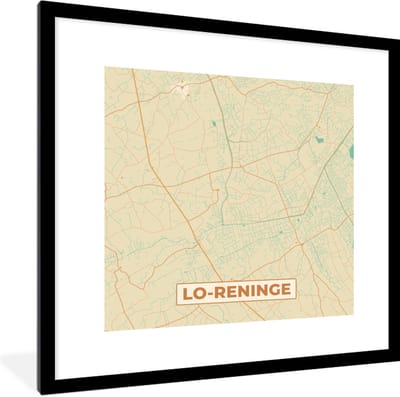 Fotolijst incl. Poster - Stadskaart - Plattegrond - Kaart - Vintage - Lo-Reninge - 40x40 cm - Posterlijst