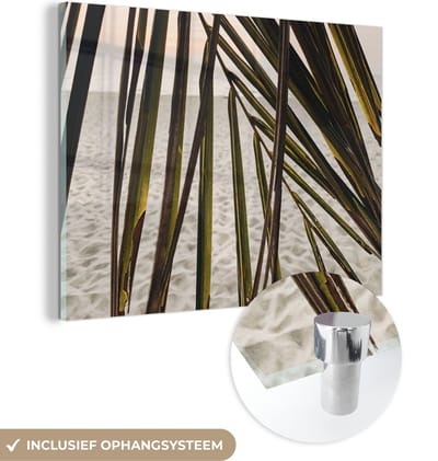 MuchoWow® Glasschilderij 160x120 cm - Schilderij acrylglas - Palmblad - Zomer - Strand - Foto op glas - Schilderijen