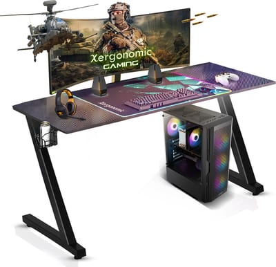 Xergonomic Game Bureau - Gaming Desk - Carbonfiber look - B125xH75xL62 cm - Computer Tafel - Incl. beker-, koptelefoonhouder en kabelorganizer - Xergax - Zwart