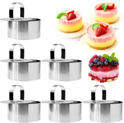 AMJKEJI 6 Stks Cake Ring Mallen Rvs Mousse Ringen Diameter 8cm Cirkel Cake Mold Ronde Dessert Non-Stick Bakken Gereedschap met Pusher voor Koken Crumpets Eieren Gebak Mousse