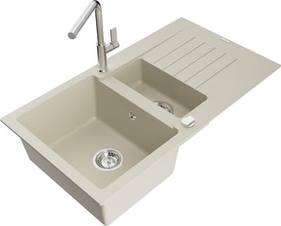 Mexen Matias granieten gootsteen 1,5-komoren met afdruiprek en keukenkraan Flora, beige - 6502-69-670401-00