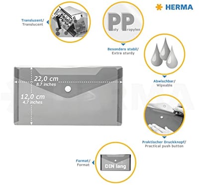 HERMA 20042 documententas DIN lang transparant violet paars, kleine transparante vakken envelop met drukknoopsluiting, plastic envelop voor school, universiteit, kantoor, reizen