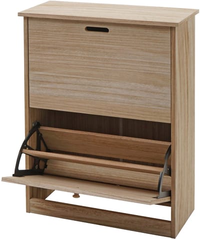 Schoenenkantelaar MCW-K45, schoenenkast schoenenrek, 81x60x25cm 2 kleppen, MDF gemaakt van paulownia ~ naturel bruin