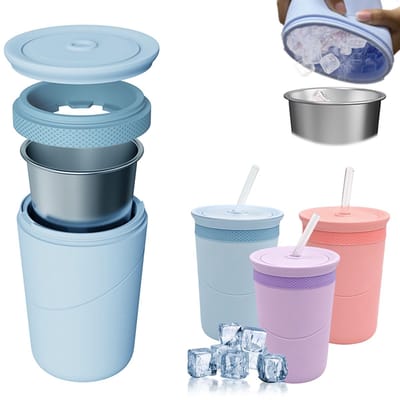 Ijsblokjesfles met roestvrijstalen beker en deksel – Dubbelwandige thermosbeker, 2-in-1 rietje, BPA-vrij, herbruikbare ijsblokjesfles, voor camping en kantoor, (blauw)