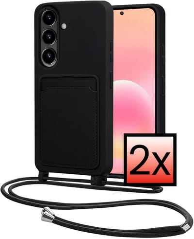 Hoes Geschikt voor Samsung A57 Met Telefoonkoord - Siliconen Hoesje Backcover Met Ketting - Zwart - 2 PACK