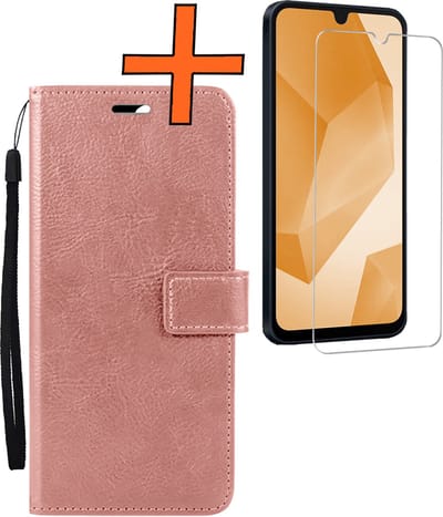 Hoes - Met Screenprotector - Geschikt voor Samsung Galaxy A16 - Luxe Pasjeshouder - Bookcase Portemonee - Flip Case - Kunstleer Book Case - Flipcase - Book Cover - Walletcase - PortemonneeHoes - Rosé goud