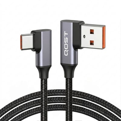 Qost - USB C Kabel - 90 Graden - USB C naar USB A - USB 3.2 - Snellader - Oplader - Oplaadkabel - L shape - Gevlochten Nylon - 0.5 Meter - Spacegrey