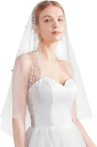 Elegante bruidssluier met witte parels van 95 cm, perfect voor huwelijksceremonie en fotoshoot, luxe tule en verfijnde afwerking