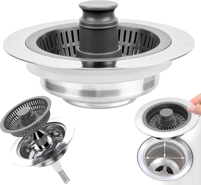 3-in-1 afvoerzeef, keukenspoelbak, afvoerstop keukenspoelbak, roestvrijstalen afvoerfilter voor gootsteenzeef, wastafelstop met zeef, afvoerzeef voor spoelbak, boring 71-85 mm, diepte > 43 mm