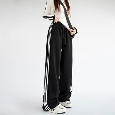 Witte en Grijze Joggingbroek voor Dames voor Lente en Herfst Hoge Taille Nieuw Losse Zijstreep Casual Rechte Amerikaanse Wijde Pijpen Joggingbroek XL black