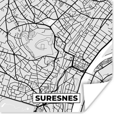 Poster Plattegrond - Kaart - Stadskaart - Frankrijk - Suresnes - 100x100 cm XXL