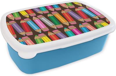 Broodtrommel Blauw - Lunchbox - Brooddoos - Potlood - Patronen - Abstract - Regenboog - 18x12x6 cm - Kinderen - Jongen