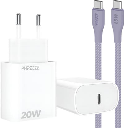 Power Delivery oplader met 20w usb C poort - Usb C kabel 1m paars - Usb C naar usb C