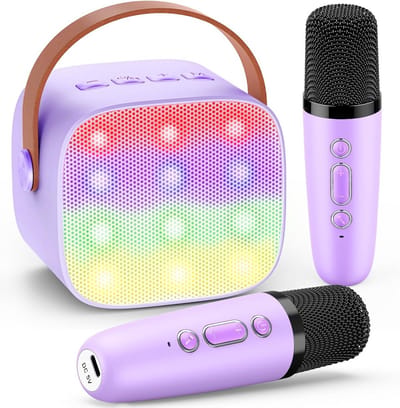 Draagbare karaoke set - Zing machine - Familiefeesten organiseren - Met stemvervormer - 2 microfoons - Paars