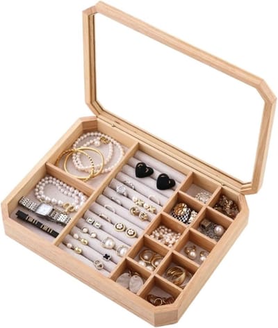 Sieradendoos Hout - Opbergkistje - Sieraden Organiseren - Zachte Voering - 253 x 183 mm - Lichtbruin