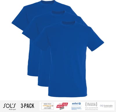 3 Pack Sol's Jongens/Meisjes T-Shirt 100% biologisch katoen Ronde hals Royal Blauw Maat 86/94 (1/2 Jaar)