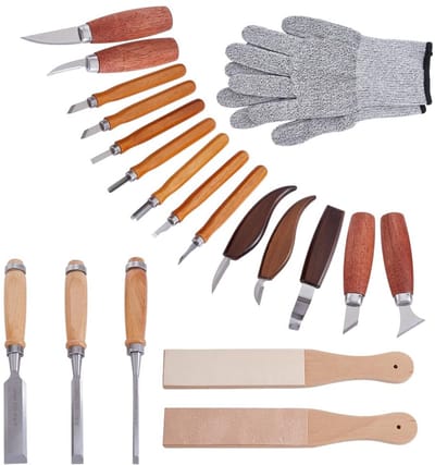 Dailygoods- Houtsnijgereedschap Voordeelpakket - 7 Stks Snijgereedschap - 6 Stks Detailgereedschappen - Slijpplank - Antislip Handgrepen - Veiligheidshandschoenen