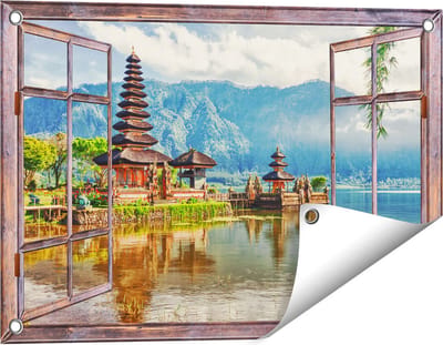 Gards Tuinposter Doorkijk Pura Tempel in Bali op het meer Beratan - 60x40 cm - Tuindoek - Tuindecoratie - Wanddecoratie buiten - Tuinschilderij