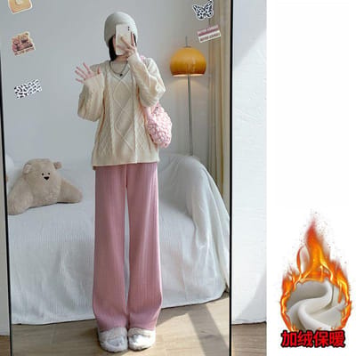 Pantalon décontracté taille haute pour femme, coupe droite, avec polaire et épaississement, collection automne et hiver XXXL rose