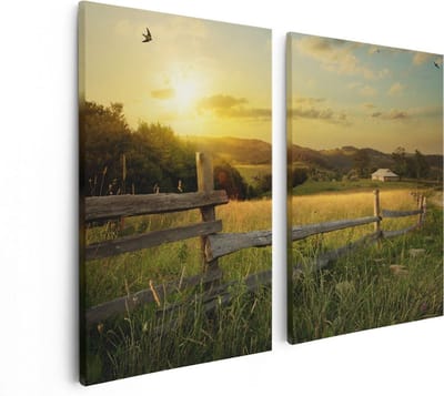 Artaza Canvas Schilderij Tweeluik Boerderij Hekken op het Grasveld - 80x60 - Foto Op Canvas - Canvas Print