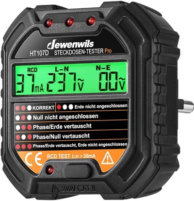 Stekkertester met LCD-display en RCD-testfunctie, 6 indicatoren voor storingsdiagnose, elektrische circuittester voor bedradingscontrole, 48-250 V/45-65 Hz, CAT II 300 V