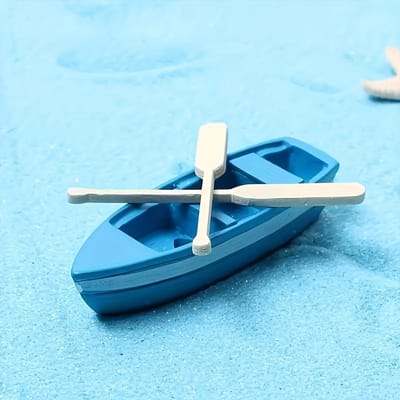 Bateau de pêche miniature avec rames en bois Figurine de bateau en résine bleue, Décoration d'aquarium d'intérieur, Modèle de micro-paysage sur le thème nautique