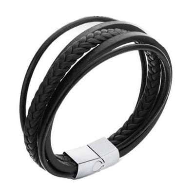 Zwarte Lederen Armband – Stalen Sluiting - Koordarmband