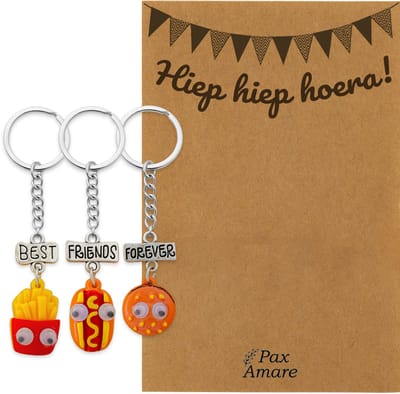BFF Sleutelhanger voor 3 'Hiep Hiep Hoera' - Fast Food Friends - Sleutelhanger set op Cadeau Kaartje - Zilverkleurig - Verjaardags Hanger - Pax Amare