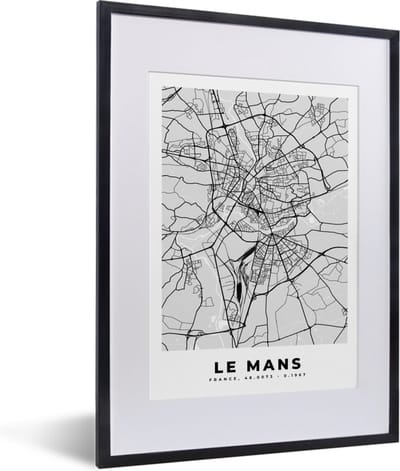 Fotolijst incl. Poster - Plattegrond - Le Mans - Stadskaart - Kaart - Frankrijk - 30x40 cm - Posterlijst