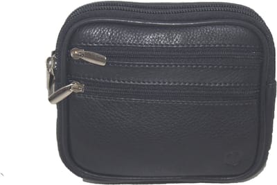 Oi zwart lederen riemtasje plat met 4 ritsen / tasje horizontaal voor op buik of heup / veilig vakantie tasje voor aan riem / zwart leer / 400