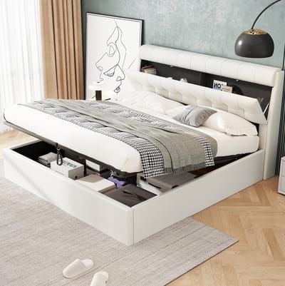 MEUNIQ gestoffeerd tweepersoons opbergbed 160x200 met hydraulische lift, verborgen opbergruimte in hoofdbord en bedbox, lattenbodem, zonder matras, wit