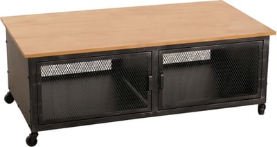 Salontafel MCW-N28, sofatafel, wielen 2 vakken, 3D structuur industrieel retro metaal hout 45x120x60cm ~ zwart, naturel