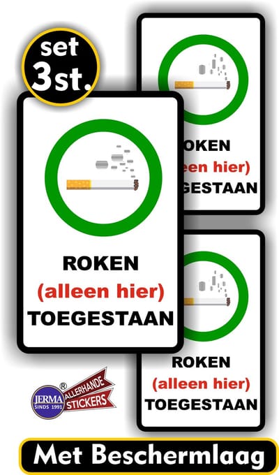 Jerma - Roken Alleen Hier - Sticker – 3 st. - 12.5x20 cm - 2x 10x15.5 cm - Weerbestendig - Zelfklevend