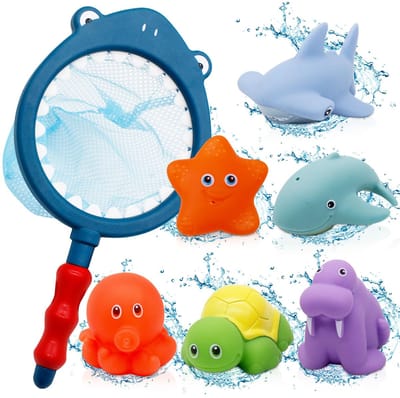 Namajunas - Badspeelgoed - Badspeelgoed baby - Waterspeelgoed - Waterspeelgoed baby - Badspeeltjes baby - Educatief speelgoed - Verandert van kleur in warm water en badspuiter - 7 Stuks - visspel met schepnetje