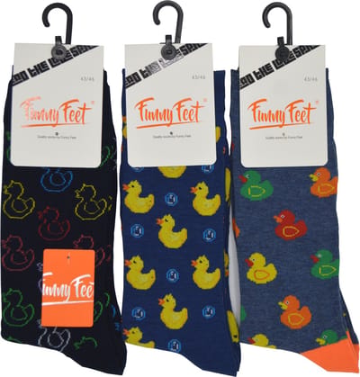 Funny Feet socks - Happy Duck Heren kousen - cadeau - grappige mannen sokken - 3 paar - Maat 39/42 - comb blauw