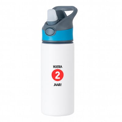 Hacebo® - Hoera 2 jaar waterfles met rietje blauw - Verjaardag - jarigen - Verjaardagscadeau - peuter - Happy birthday - water fles - 650ML