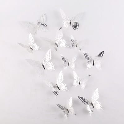 Cake topper decoratie vlinders en muur decoratie met plakkers 12 stuks zilver - 3D vlinders - VL-04