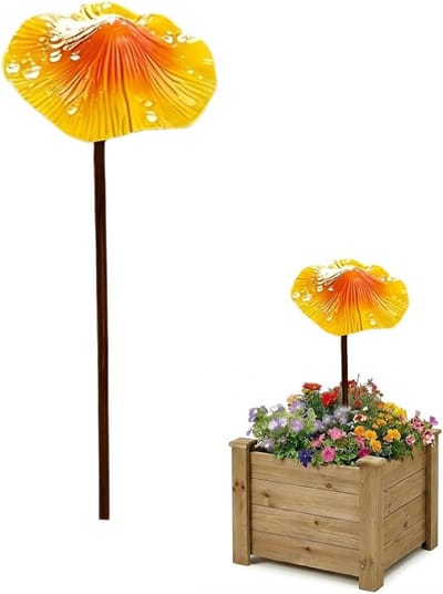 Paddenstoel Tuinstaken - Metalen Paalversiering - Tuin Verfraaien - Roestbestendige Afwerking - 30 cm Hoog - Geel