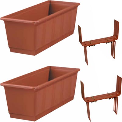 Set van 2 kunststof plantenbakken terracotta rechthoekig 40 cm met 4 verstelbare balkon/muurbeugels
