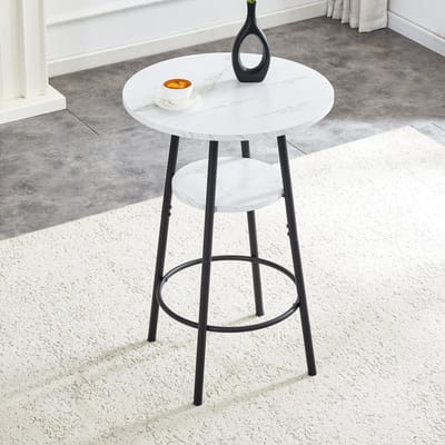 STILVORA Bartafel - Marmorlook Met Opbergplank - Voor Keuken Eethoek En Café - MDF En Metaal - 60x60x89 Cm - Wit