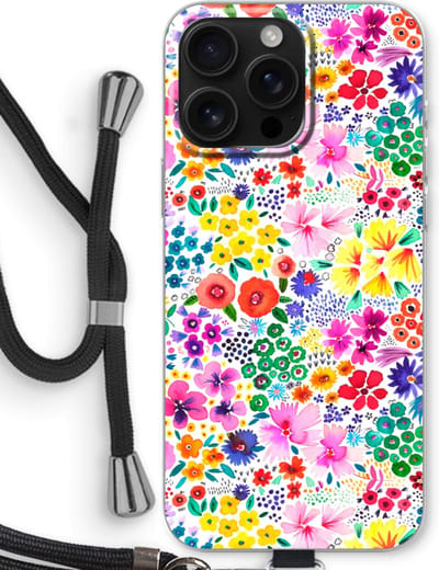 Case Company® - Hoesje met koord geschikt voor iPhone 16 Pro Max hoesje met Koord - Little Flowers - Telefoonhoesje met Zwart Koord - Bescherming aan alle Kanten en Over de Schermrand