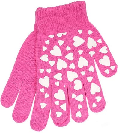 Roze kinderhandschoenen voor meisjes met witte glow in the dark hartjes