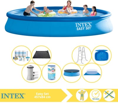 Intex Rond Opblaasbaar Easy Set Zwembad - 457 x 84 cm - Blauw - Inclusief Pomp - Afdekzeil - Onderhoudspakket - Filter - Grondzeil - Solar Mat - Ladder - Voetenbad - 9-delig