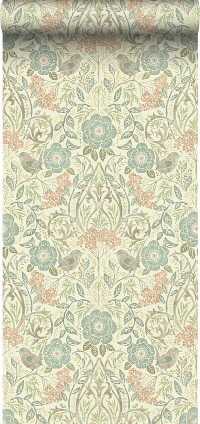 ESTAhome behang bloemen en vogels in art nouveau stijl vergrijsd blauw, bruin en oudroze - 53 cm x 10.05 m - 139323