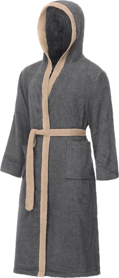 Ladeheid Heren Badjas met Capuchon - 100% Katoen - Wasmachine bestendig - Badstof - Donkergrijs/Beige - S - LA-LA40-190-DG