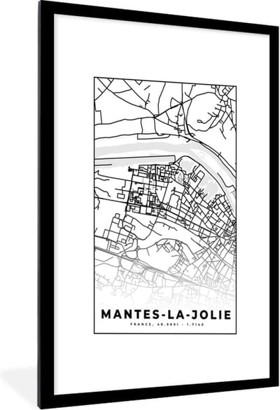 Fotolijst incl. Poster Zwart Wit- Frankrijk - Plattegrond - Stadskaart - Kaart - Mantes-la-Jolie - Zwart wit - 60x90 cm - Posterlijst