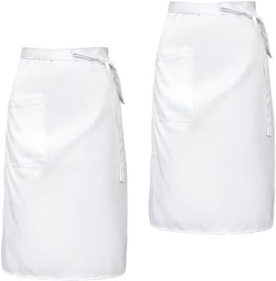 Een set van twee witte serveersterschorten, unisex, geschikt voor zakken, lang, geschikt voor cafés, pubs en bakkerijen.