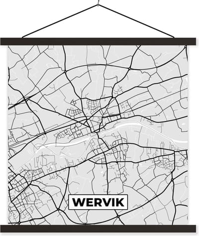 Posterhanger incl. Poster 60x60 cm - Schoolplaat - Stadskaart – Zwart Wit - Kaart – Wervik – België – Plattegrond - Textielposter - Zwarte latten - Stadskaart